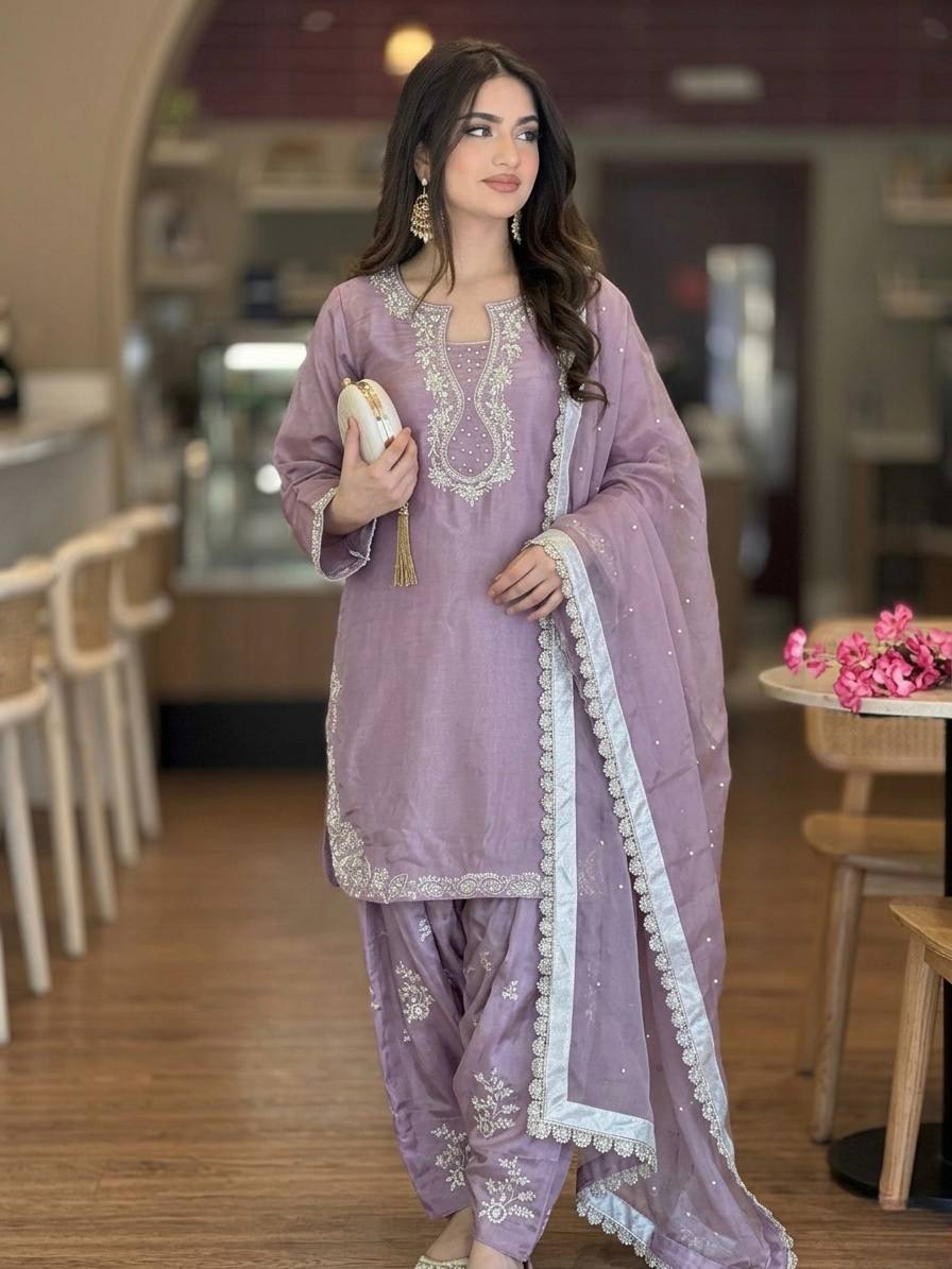 Party Wear Glass Satin Top, Farshi Palazzo & Dupatta Set