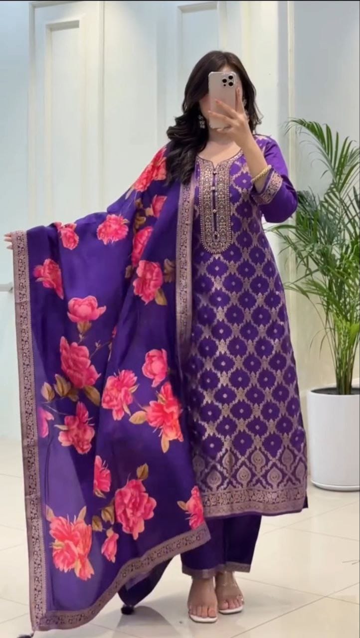 Premium Banarasi Silk Festive Suit, Pant, Dupatta & Pearl Bracelet Set
