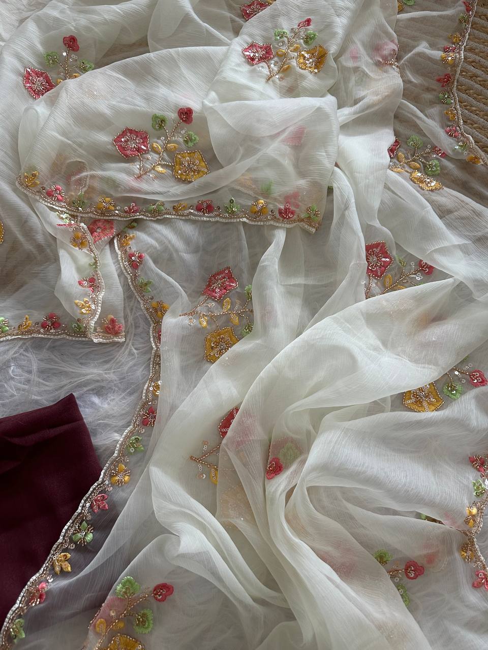 Premium Pure Soft Wari Chiffon Silk Saree with Heavy Cutdana & Sequence Embroidery and Aarco Multi-Borders