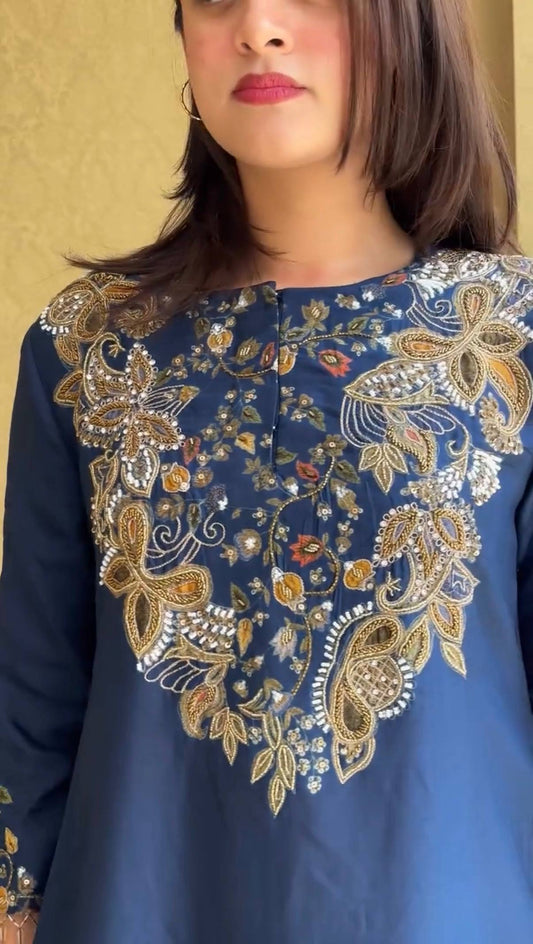 Royal Blue Heavy Zardozi & Hand-Embroidered Peplum Kurti with Matching Palazzos