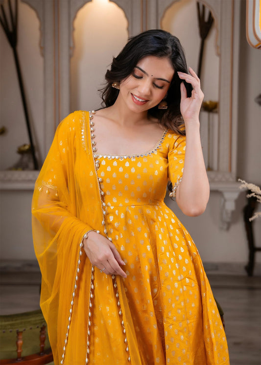 Haldi Special Mustard Yellow Bandhani Print Anarkali Suit with Pearl-Lace Dupatta