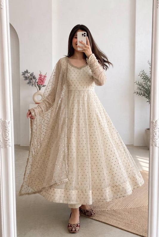 Designer Georgette Foil Print Long Flared Anarkali Kurta with Pant and Dupatta Set