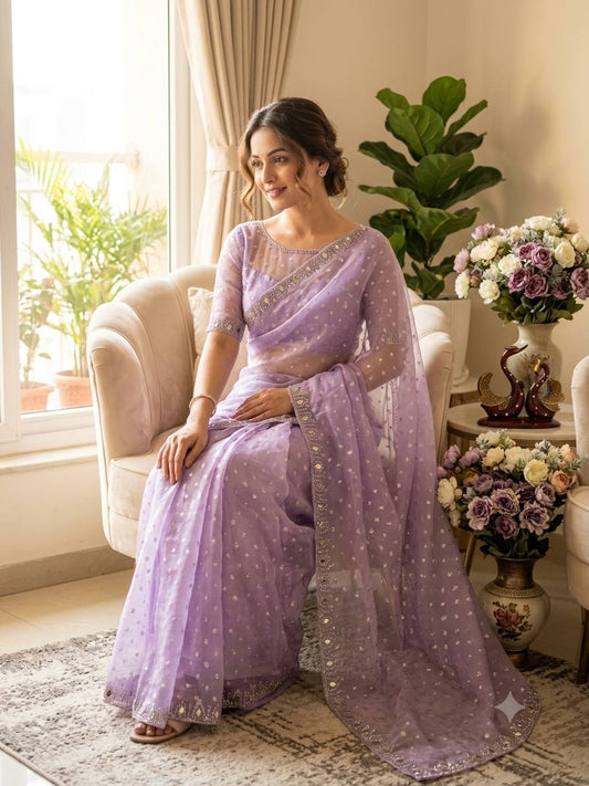 Designer Fancy Organza Saree with Heavy Mirror Work & Sequence Embroidery with Matching Blouse Piece