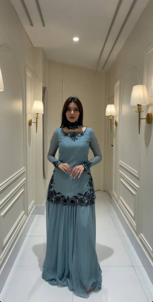 Presenting New Premium Quality With Embroidery Sequence Worked Top-Sharara and Dupatta Set