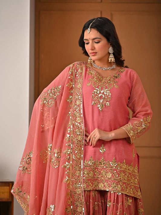 Designer Heavy Gold Zari & Sequins Embroidered Short Kurti with Sharara and Dupatta Set