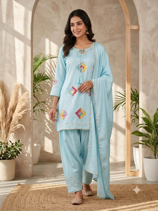 FARSI SUIT WITH SEQUENCE EMBROIDERY WORK KURTI SALWAAR AND DUPATTA