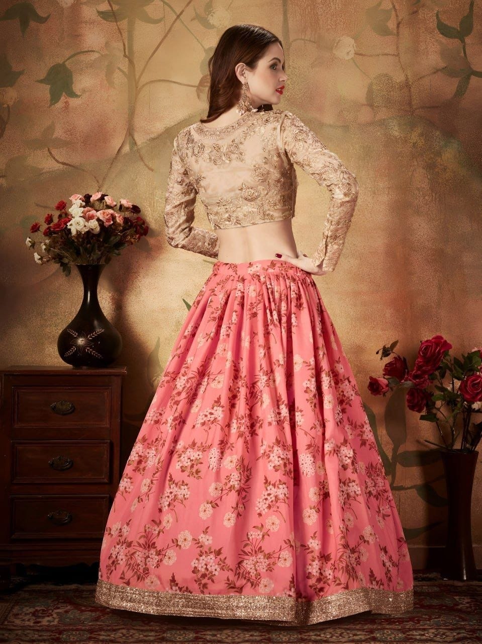 Ivory Floral Lehenga Choli with Golden Embroidered Blouse