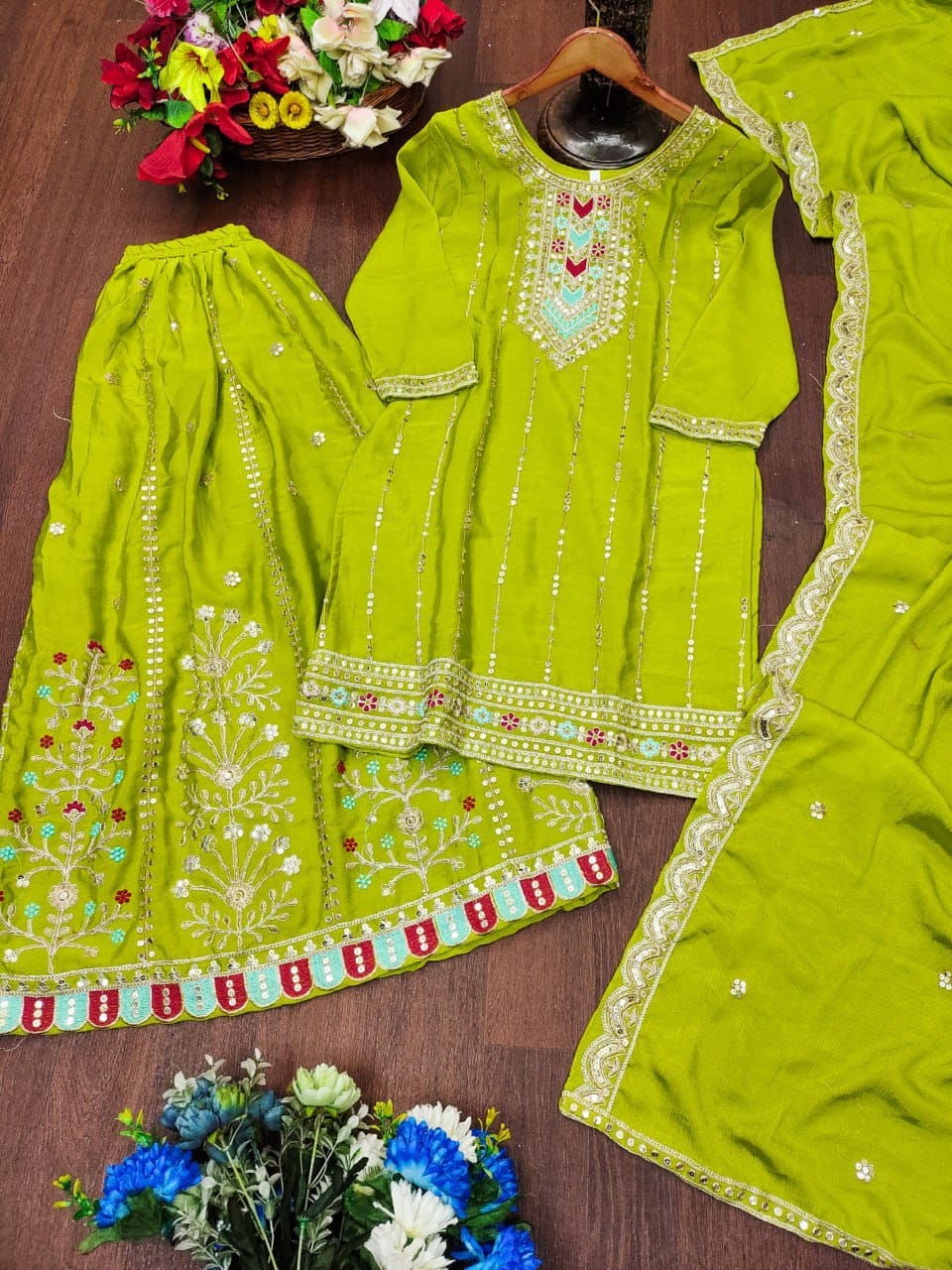 Premium Chinon Coding Sequence Sharara Suit Set with Huge Flair | 2 Elegant Colors (Sizes S-XXL)