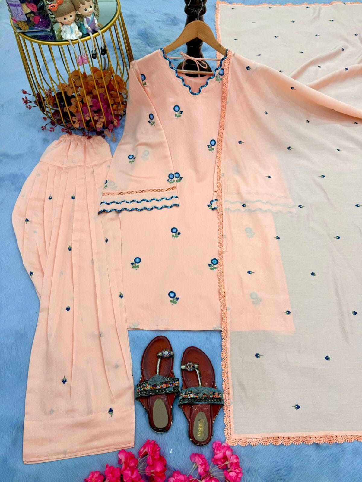 Pure Satin Mul Chanderi Embroidered Top with Roman Silk Farshi Palazzo & Dupatta Set