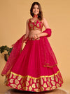 Premium Fuchsia Pink Georgette Lehenga Choli with Golden Leaf Border & Can-Can Layering