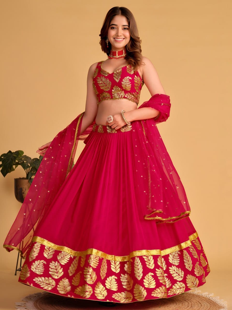 Premium Fuchsia Pink Georgette Lehenga Choli with Golden Leaf Border & Can-Can Layering