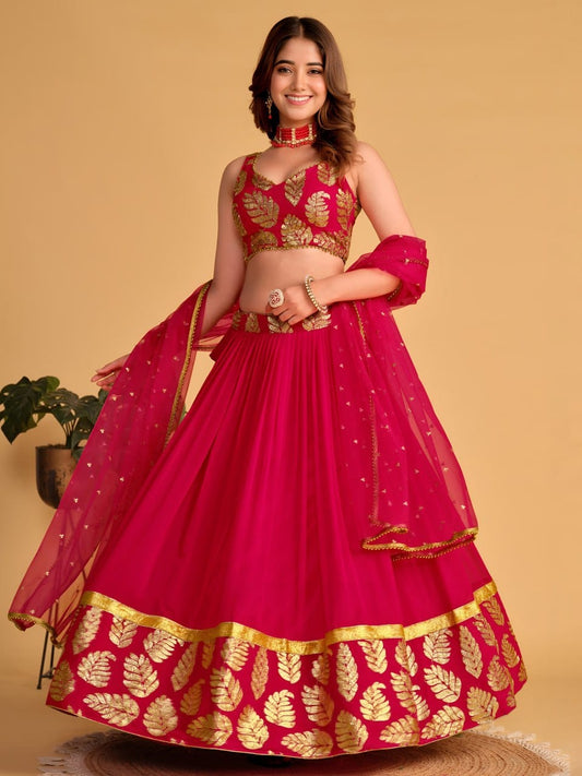 Premium Fuchsia Pink Georgette Lehenga Choli with Golden Leaf Border & Can-Can Layering