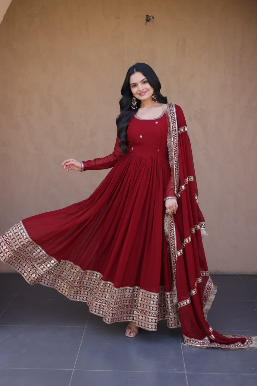 Rakshabandhan Special Premium Faux Blooming Embroidered Gown & Dupatta Set