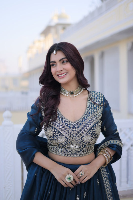 Royal Blue Heavy Embroidered Lehenga Choli Set with Zari Work & Matching Dupatta