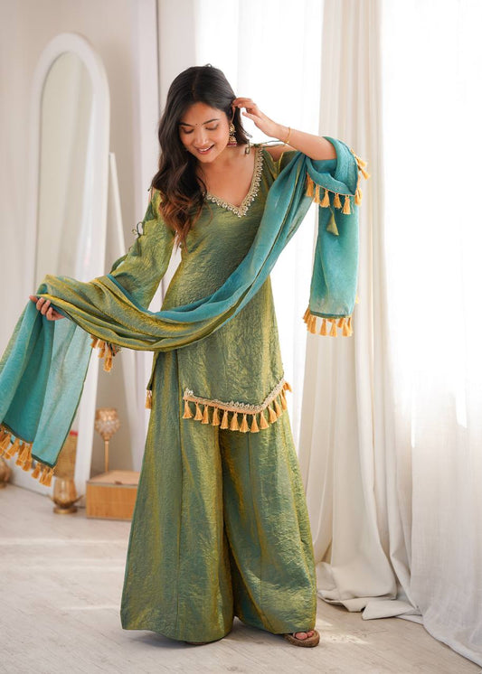Premium V-Neck Silk Blend Sharara Suit Set with Golden Tassels