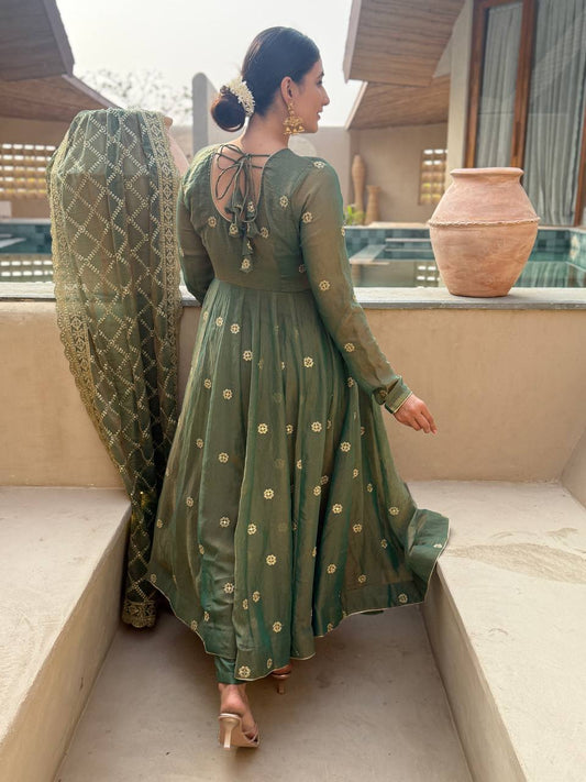 Designer Chanderi Silk Foil Print Long Flared Anarkali Kurta with Pant and Dupatta Set