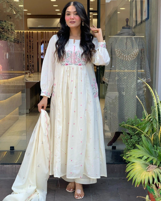 Designer Party Wear Mul Cotton Round Anarkali Gown Pant & Dupatta Set