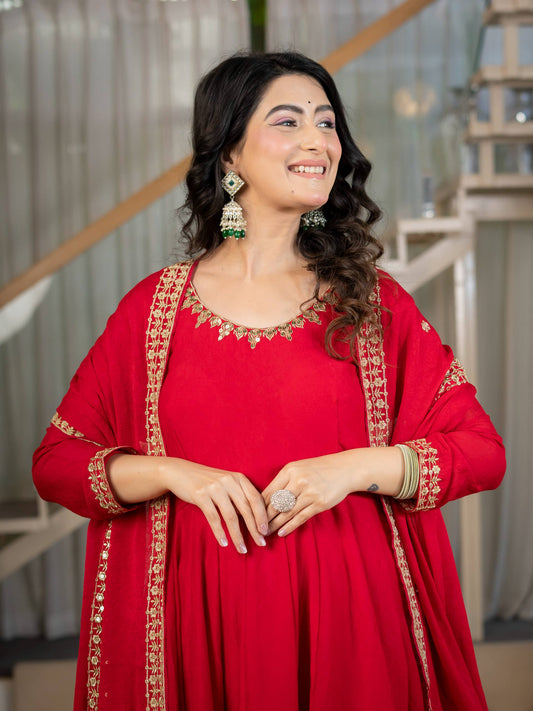 Designer Heavy Gold Zari & Sequins Embroidered Long Flared Anarkali Gown with Pant and Matching Dupatta Set