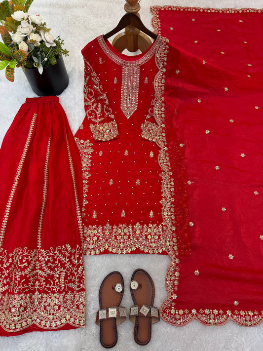 Designer Fendy Silk Embroidered Palazzo Suit Set with Dupatta