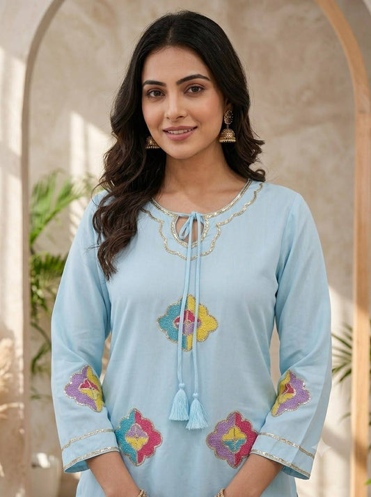 FARSI SUIT WITH SEQUENCE EMBROIDERY WORK KURTI SALWAAR AND DUPATTA
