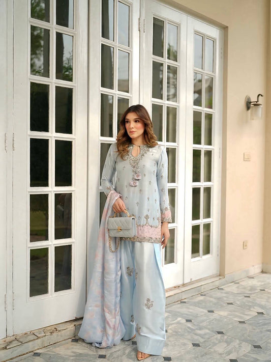 Designer Party Wear Japan Satin Top, Farshi Palazzo & Dupatta Set
