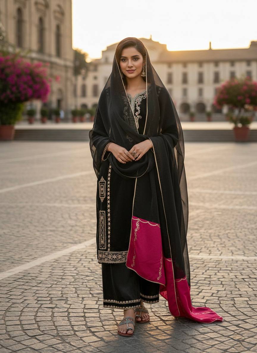 Designer Party Wear Jimmy Choo Silk Top, Plazzo & Dupatta Set