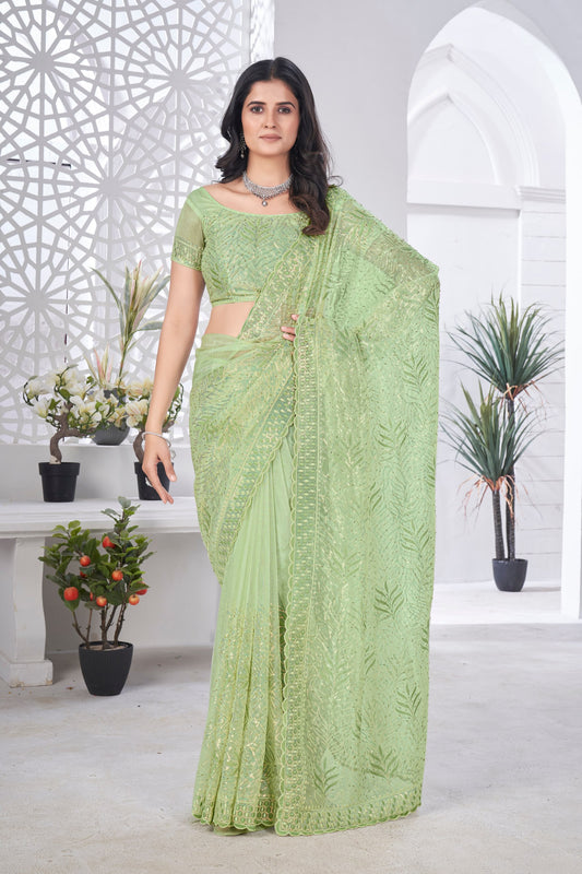 Exclusive Party Wear Leaf-Motif Net Saree with Shimmer Finish and Ornate Pallu
