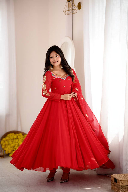 Designer Georgette Long Flared Anarkali Kurta with Dupatta Set Featuring Neck Embroidery