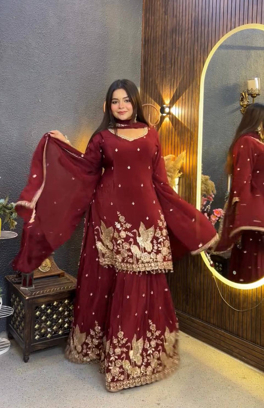 ĐĚSIGNER PARTY WEAR TOP AND PLAZZO WITH FANCY DUPPATA AND EMBROIDERY WORK