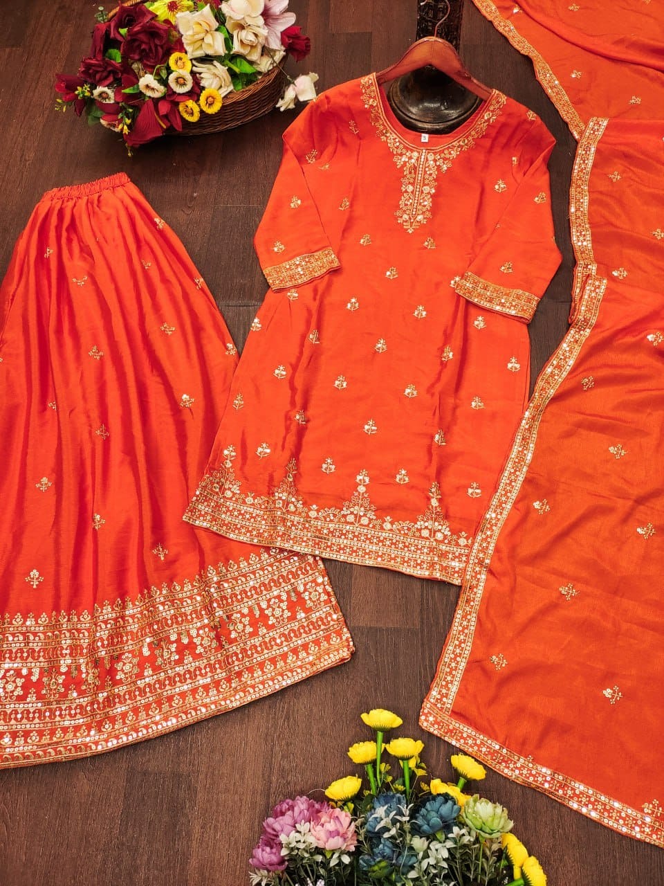 Premium Chinon Sequence Embroidered Sharara Suit Set | 4 Elegant Colors (Sizes S-XXL)