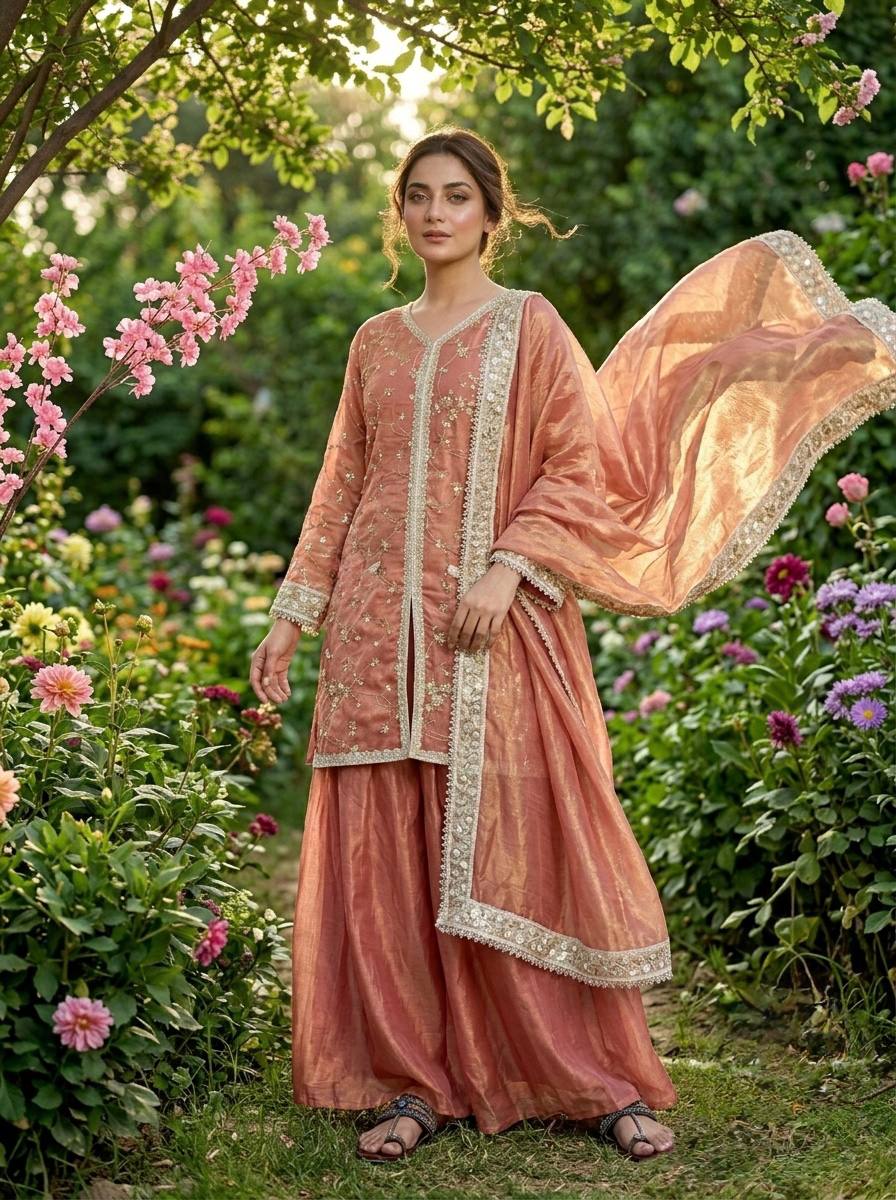 Designer Party Wear Fendi Silk Top, Plazzo & Dupatta Set