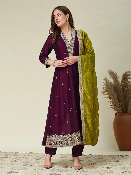 Designer Festive Wear Ethnic Flared Kurta Set with Intricate Zari Yoke & Hem Work