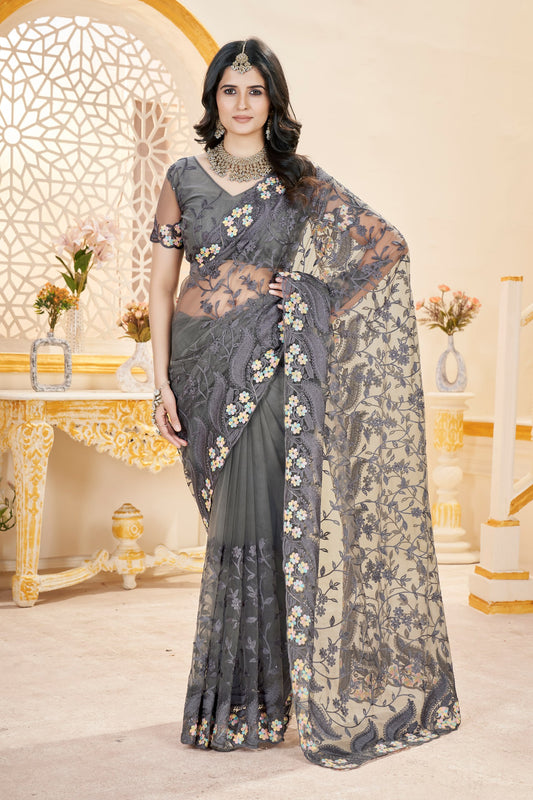 Traditional Wedding & Function Net Saree with Ornate Scalloped Edges