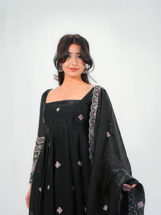 Designer Heavy Embroidered Georgette Long Flared Anarkali Gown with Pant and Matching Dupatta Set