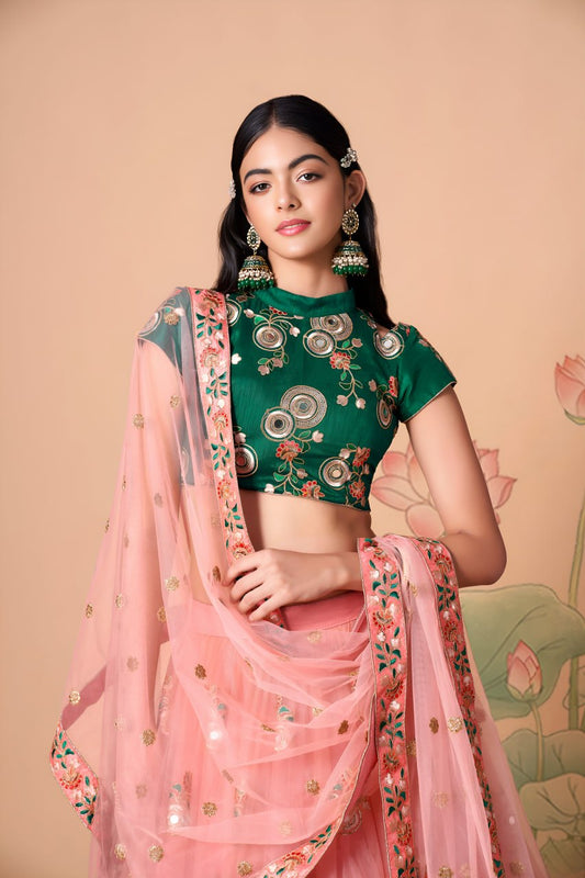 Blush Pink & Emerald Green Floral Lehenga Choli