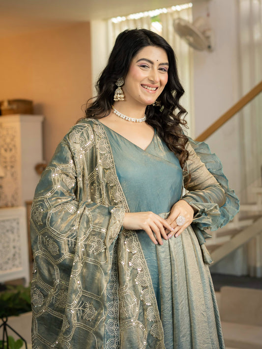Designer Ruffle Sleeve Flared Anarkali Kurta with Sharara and Embellished Dupatta Set
