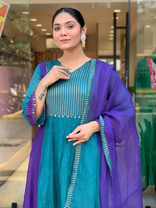 Designer Dual-Tone Pleated Anarkali Kurta with Striped Pant and Matching Dupatta Set