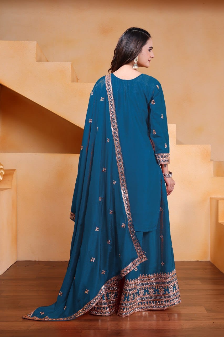 Premium Chinon Sequence Embroidered Sharara Suit Set | 4 Elegant Colors (Sizes S-XXL)