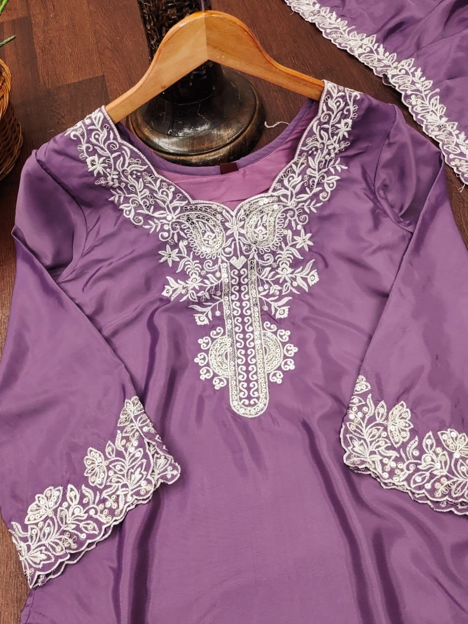 Premium Natural Crepe Sequence Embroidered Palazzo Suit Set | 3 Elegant Colors