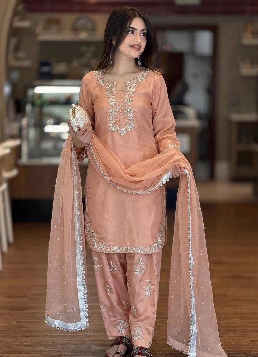 Party Wear Glass Satin Top, Farshi Palazzo & Dupatta Set