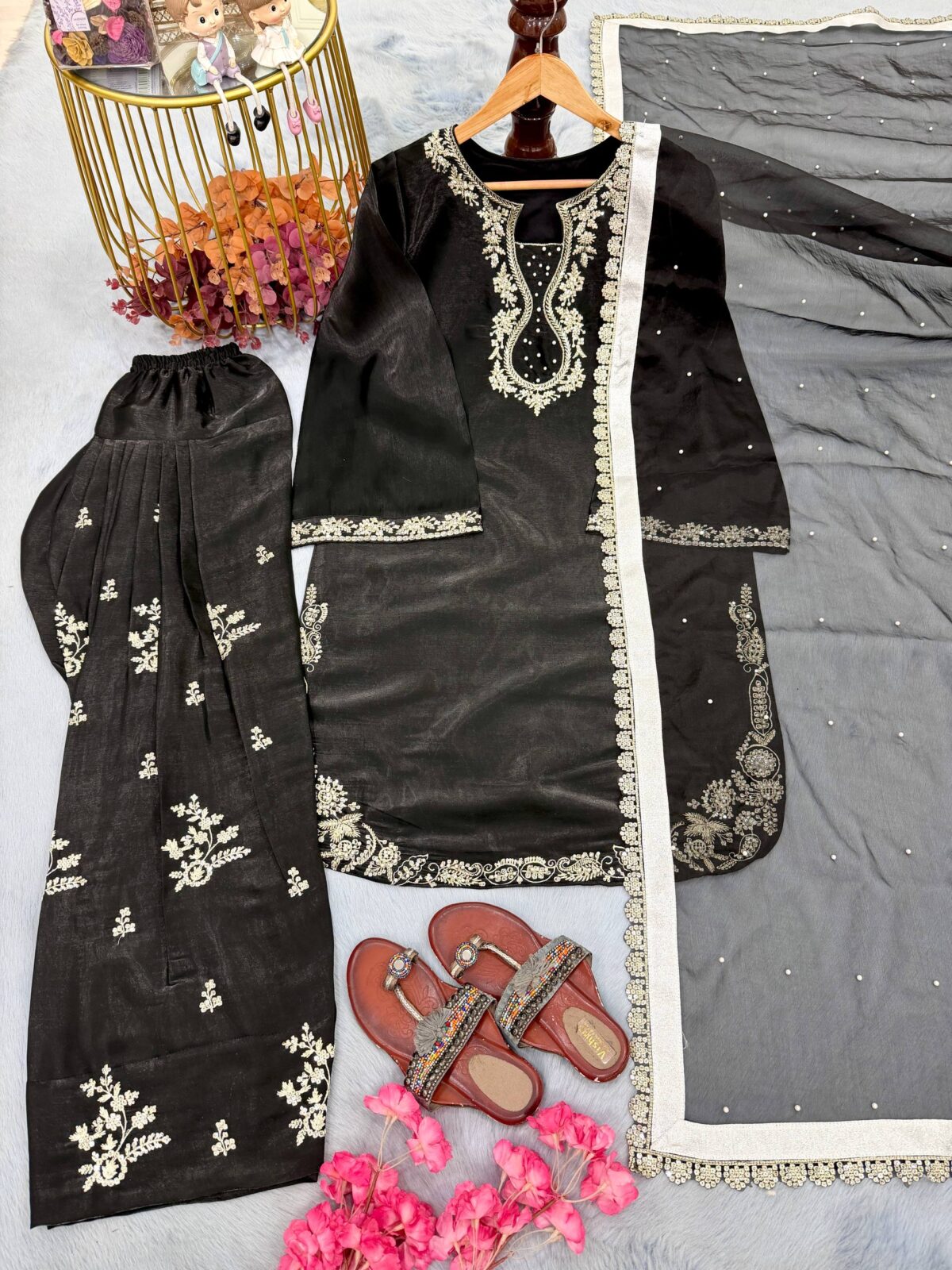 Party Wear Glass Satin Top, Farshi Palazzo & Dupatta Set