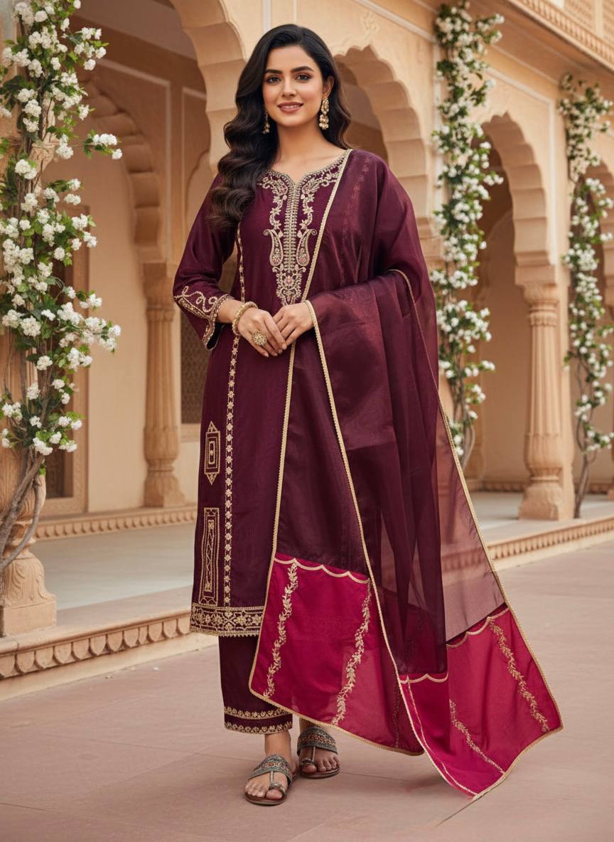 Designer Party Wear Jimmy Choo Silk Top, Plazzo & Dupatta Set