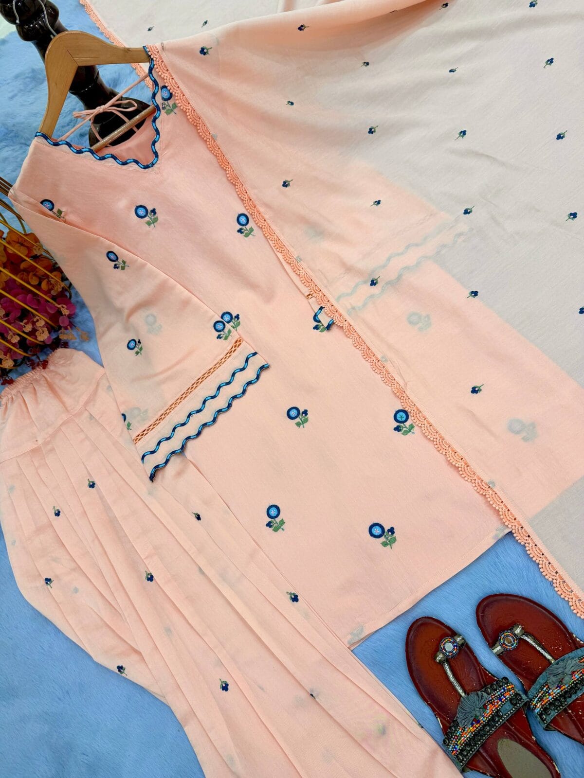 Pure Satin Mul Chanderi Embroidered Top with Roman Silk Farshi Palazzo & Dupatta Set