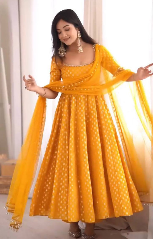 Haldi Special Mustard Yellow Bandhani Print Anarkali Suit with Pearl-Lace Dupatta