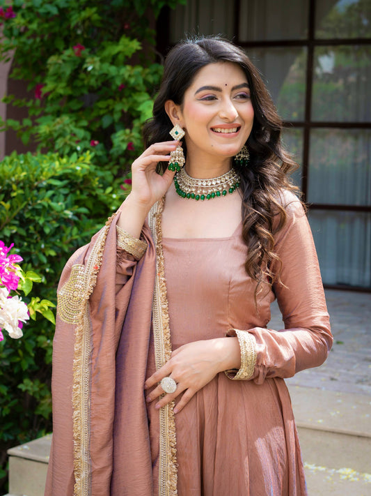 Designer Zari Border Flared Anarkali Gown with Pant and Matching Dupatta Set