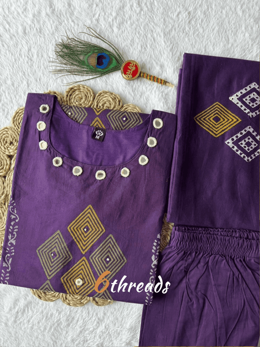 Pure Cotton Mustard A-Line Kurti Pant Set with Mirror Work