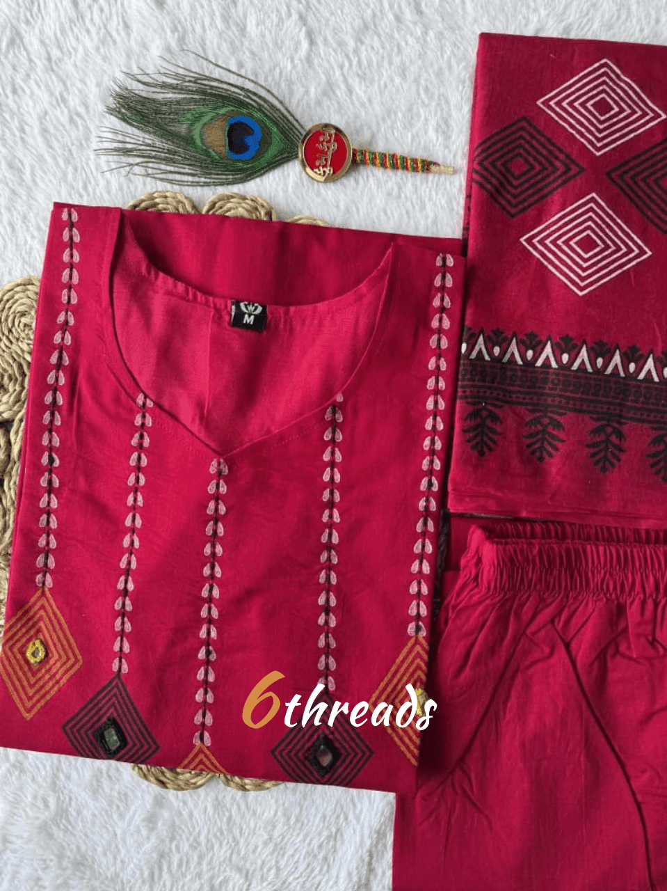 Pure Cotton Cherry Red Kurti Pant Set with Real Mirror Work & Hand Block Print
