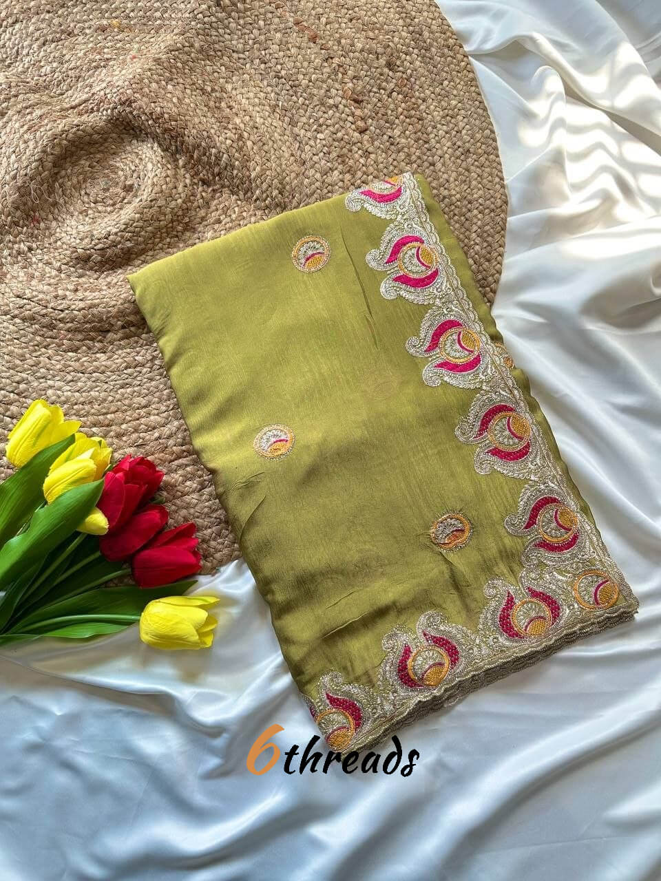 Premium Soft Silk Georgette Saree with Viscose Embroidery, Original Jarkhan Diamonds & Unstitched Blouse