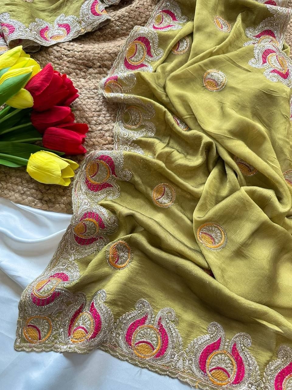 Premium Soft Silk Georgette Saree with Viscose Embroidery, Original Jarkhan Diamonds & Unstitched Blouse