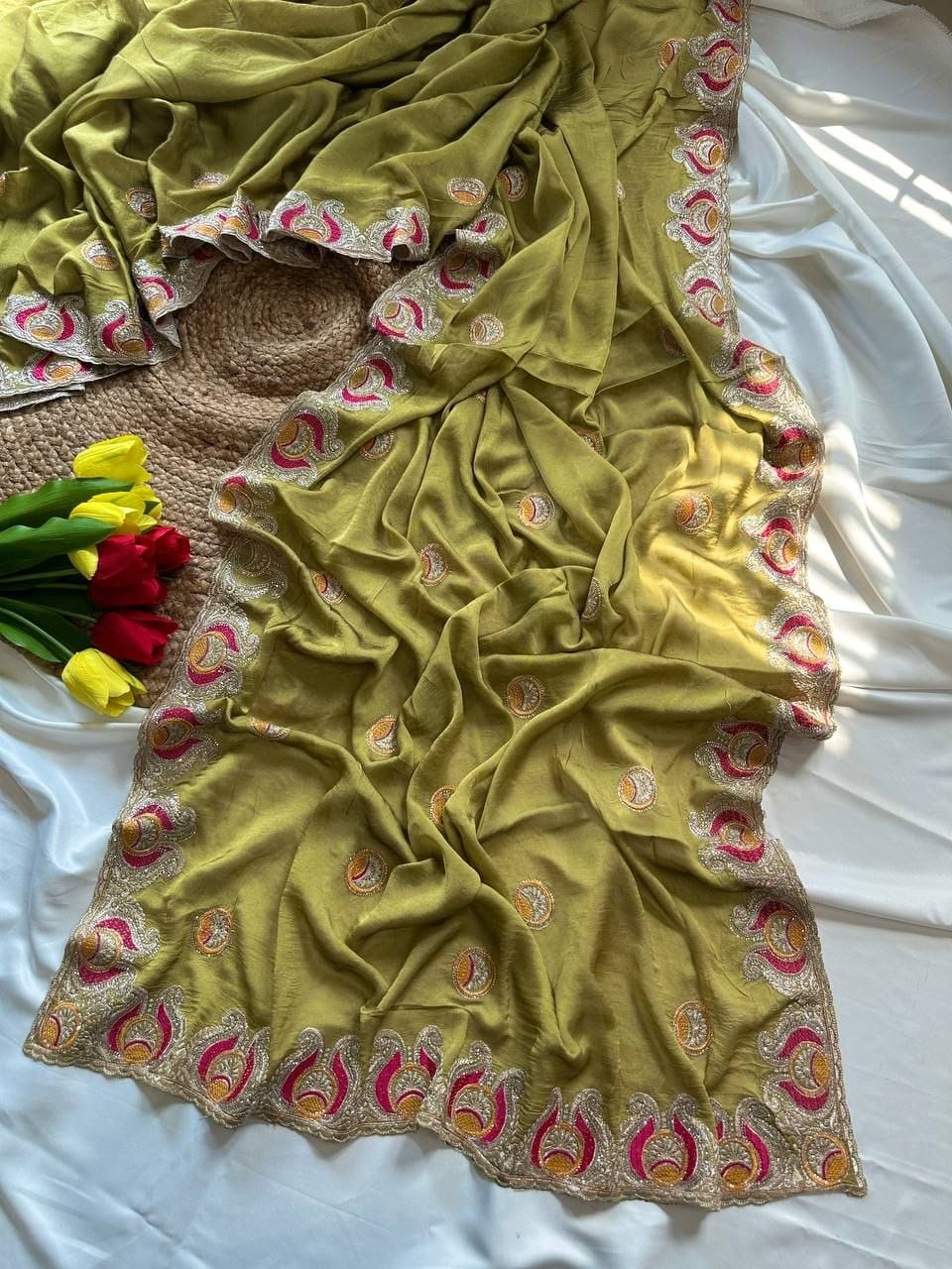 Premium Soft Silk Georgette Saree with Viscose Embroidery, Original Jarkhan Diamonds & Unstitched Blouse